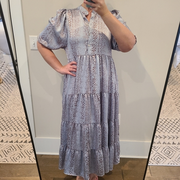 Karlie Dresses & Skirts - KARLIE Icy Blue And Brown Dot Print Satin Oversized Tiered Maxi Dress